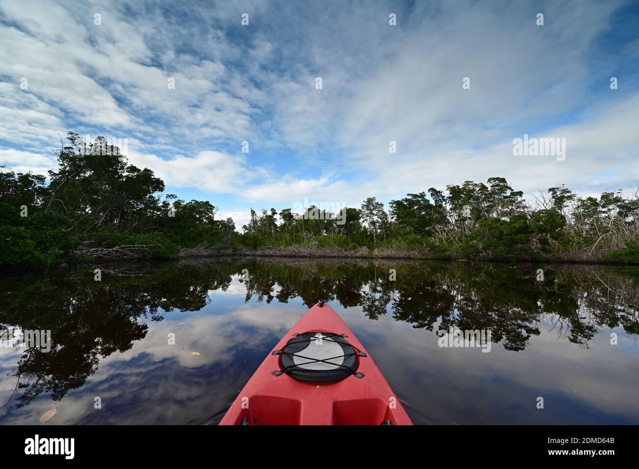 Red kayak in Coot Bay Pond in Everglades National Park, Florida under winter cloudscape reflected in tranquil water. Stock Photo