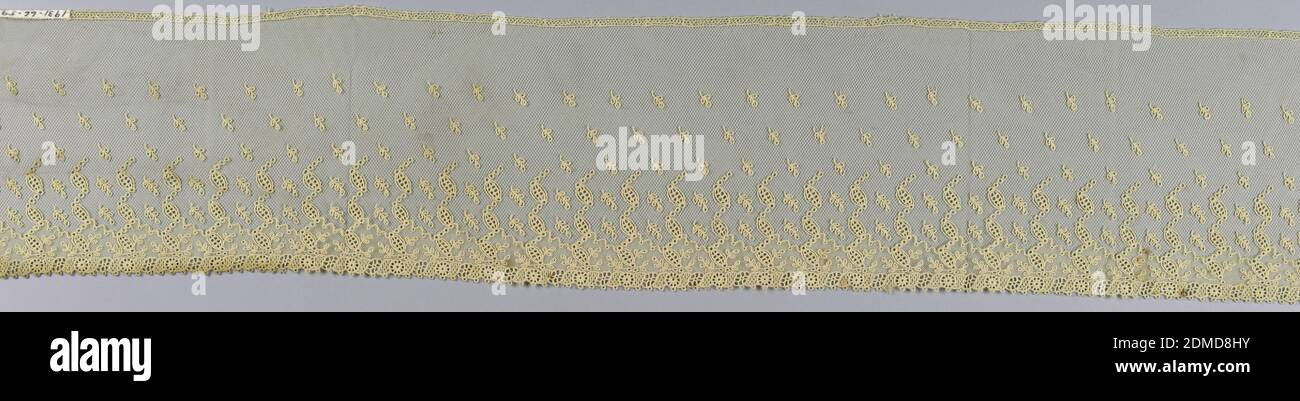 Edging, Medium: cotton Technique: machine made, White imitation Alençon with a design of small sprays and openwork, motifs with ornamental border at one edge., possibly France, ca. 1890, lace, Edging Stock Photo