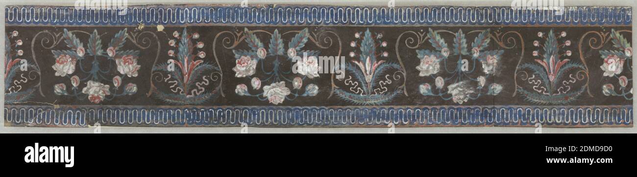 Border, Block printed on handmade paper, Horizontal rectangle. Border paper with repeating design of medallions, enclosed by simple leaf forms, containing floral spray, set against vertical stripes. Across upper edge, stripes of orange and white; across lower edge, white stripe., France, 1795–1805, Wallcoverings, Border Stock Photo