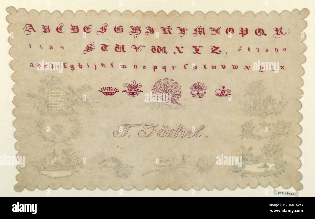 Sampler, T. Jäckel, Medium: cotton embroidery, linen foundation Technique: satin, stem, eyelet, buttonhole and overcasting stitches on plain weave, Alphabets, numerals, four crowns and a peacock in red; poodle with a basket, birdcage, lake with a boat, lake with a windmill, ornaments with names and date., Germany or Switzerland, 1830, embroidery & stitching, Sampler Stock Photo