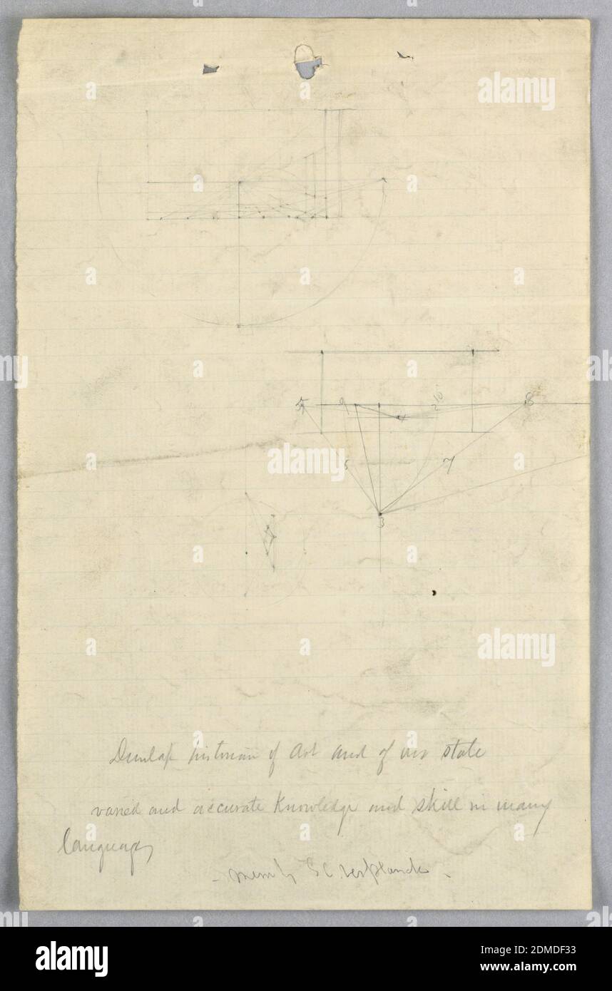 Study for 'Scientific Group', Daniel Huntington, American, 1816–1906, Graphite on lined white laid paper, Two sketches of linear perspective, with inscription about Dunlap below., London, United Kingdom, USA, 1858, figures, Drawing Stock Photo