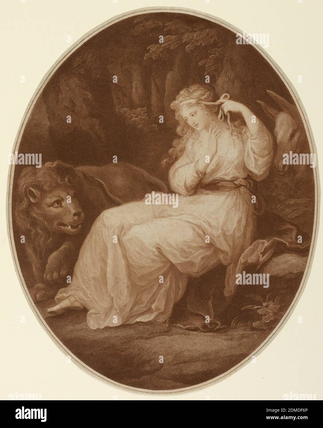 Una and the Lion, from Spenser's 'Faerie Queen', Francesco Bartolozzi, Italian, active England, 1727–1815, Angelika Kaufmann, Swiss, 1741 - 1807, Stipple engraving in sanguine ink on paper, Full-length figure of a woman, seated, turned toward the left. She is binding her hair with a ribbon. A lion is beside her, left; a donkey behind her. Narrow enframing border., England, ca. 1780, Print Stock Photo