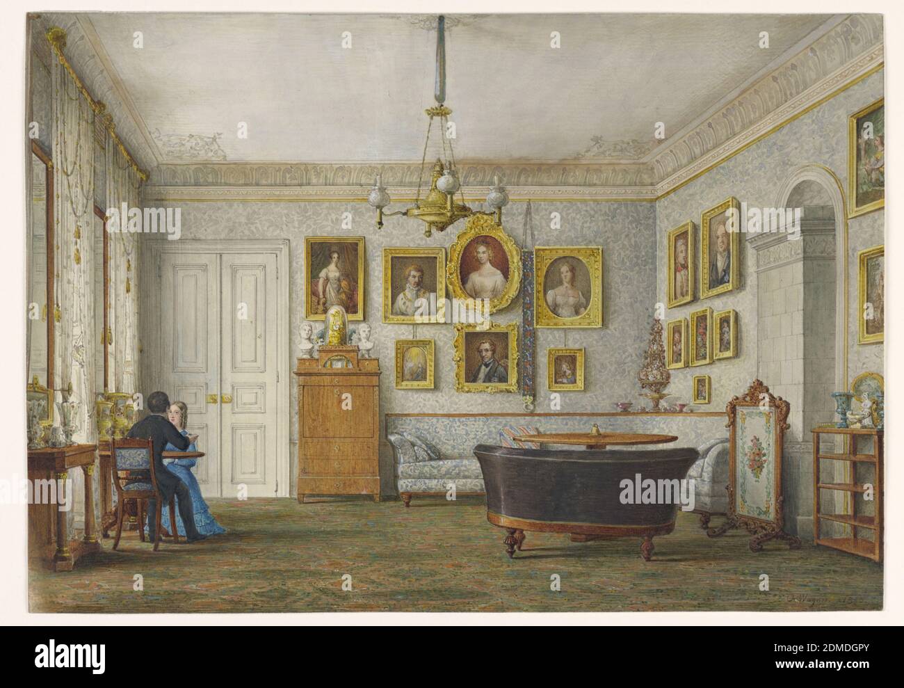 A Salon in a Residence of the Duke of Leuchtenberg, Otto Wagner, German, 1803 – 1861, Brush and watercolor, gouache on paper, This large salon is sparsely furnished in the Biedermeier style. Atop the blond wood secretary is a gilt bronze lyre clock, flanked by classical busts. The upholstered banquette-and-matching-wall covering is a device used by Leo von Klenze, architect, and originally by his mentor, Schinkel. Mid-century porcelains, placed on Empire consoles, are reflected in tall mirrors. A great porcelain stove at right is partially concealed by a needlepoint fire screen. Stock Photo