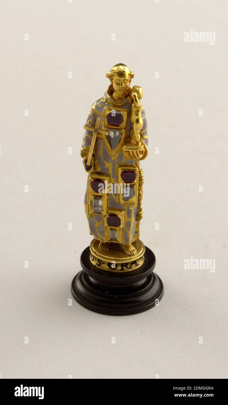 St. Antonius of Padua, Gold, colored stones, enamel, wood pedestal, Italy or Spain, 1600–1650, jewelry, Decorative Arts, Pendant, Pendant Stock Photo