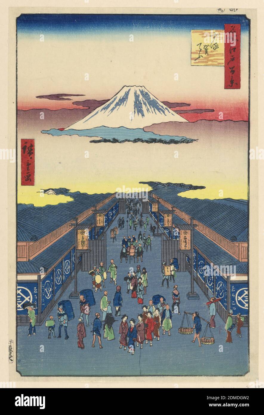 Suruga Street (Suruga-cho) From the Series One Hundred Famous views of Edo, Ando Hiroshige, Japanese, 1797–1858, Woodblock print in colored ink on paper, The main street of Suraga-Cho, which is the old name of the province where Mount Fuji is located, appears to lead right up to the base of the mountain. The traditional Japanese cloud divides the print into thirds. The lower half of the print shows buildings of the predecessor to the Mitsukoshi chain of department stores. This textile retail business was the first to sell goods at fixed prices. Among the street are customers and merchants Stock Photo