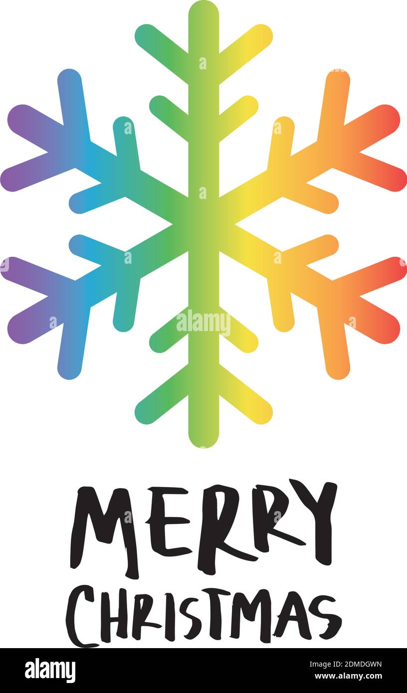 Rainbow beautiful snowflake with merry christmas hand drawn text on white background for lgbtq celebration concept Stock Vector