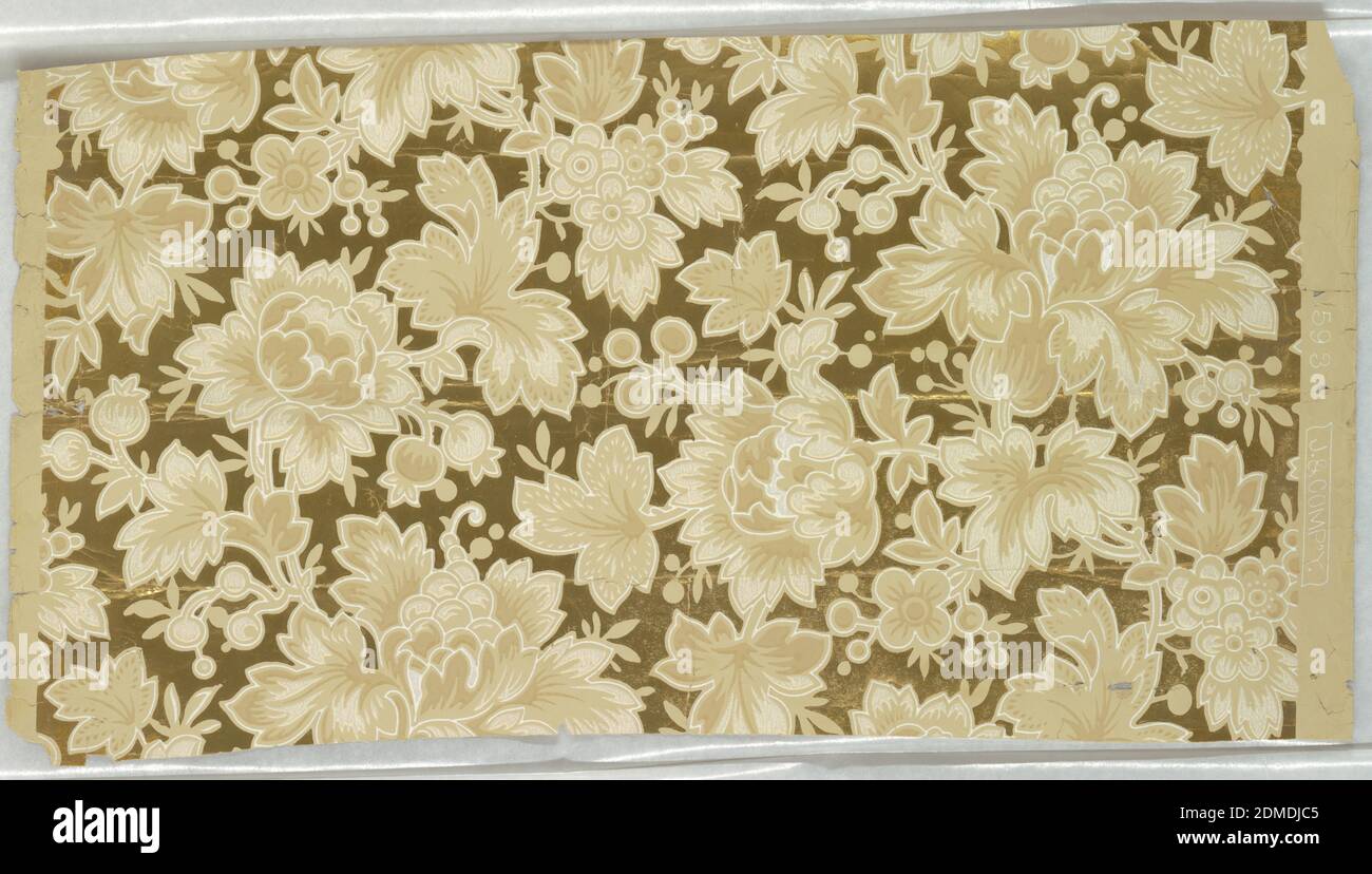 Sidewall, Machine-printed, On shiny gold ground, clusters of off-white, tan and brown chrysanthemum-like flowers in various stages of openness alternate with stylized four-petal daisies and buds in same colorway., USA, ca. 1880, Wallcoverings, Sidewall Stock Photo