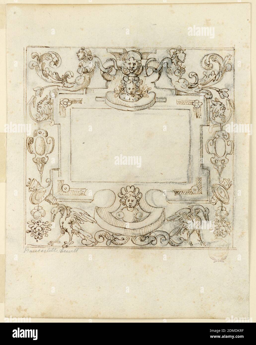 Decorative Frame; verso: Frieze with Pageant, Charcoal, pen and ink on paper, Frame with grotesque decoration. At top center, child and lion masks flanked by half figures of armless mermaids with acanthus tails. Below, escutcheons, trophies, and birds. Blank central panel. Double framing lines. Verso: A figure seated below a canopy in a wagon drawn by cows., Italy, early 17th century, ornament, Drawing Stock Photo