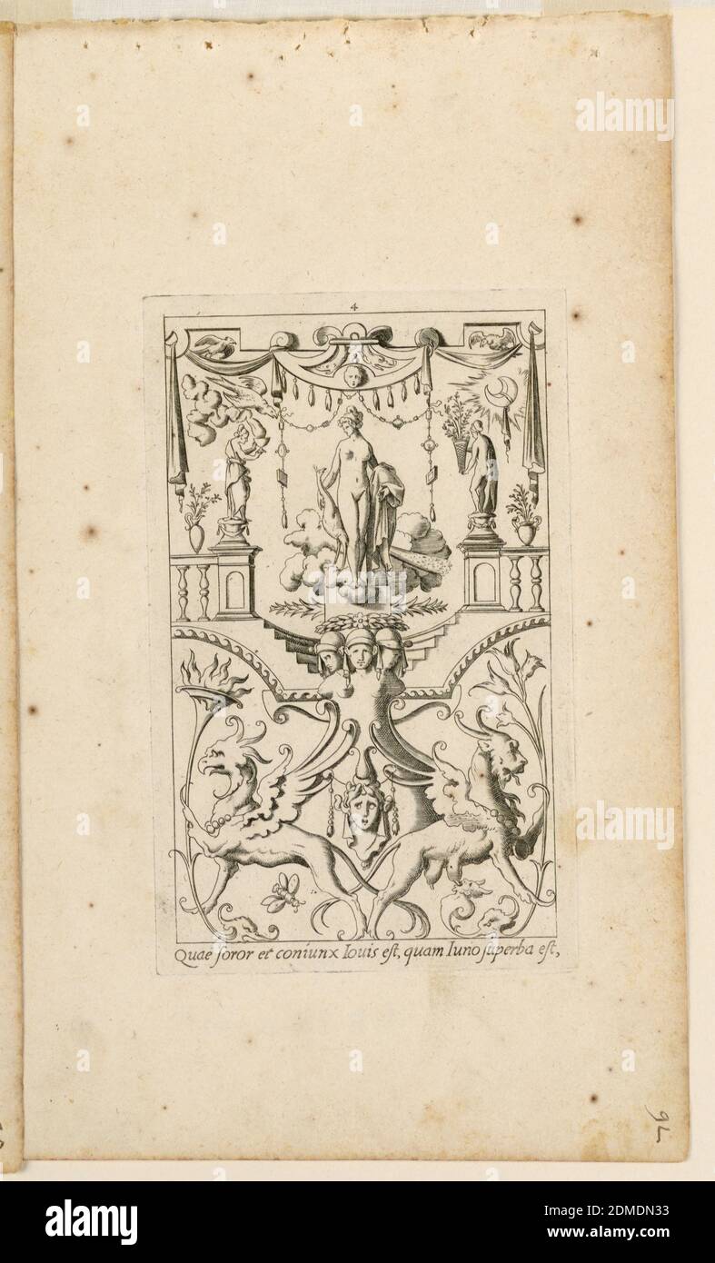 Grotesque with Deities. Plate 04 “Juno,” 2nd state, René Boyvin, French, 1525 - 1625, Léonard Thiry, Flemish, 1550, Black ink on white paper, Vertical rectangle. Grotesque panel with Juno as central figure standing on a cloud. Around in a grotesque design, - balustrades, draperies, figures, masques, winged animals , ect., France, ca. 1540, ornament, Print Stock Photo
