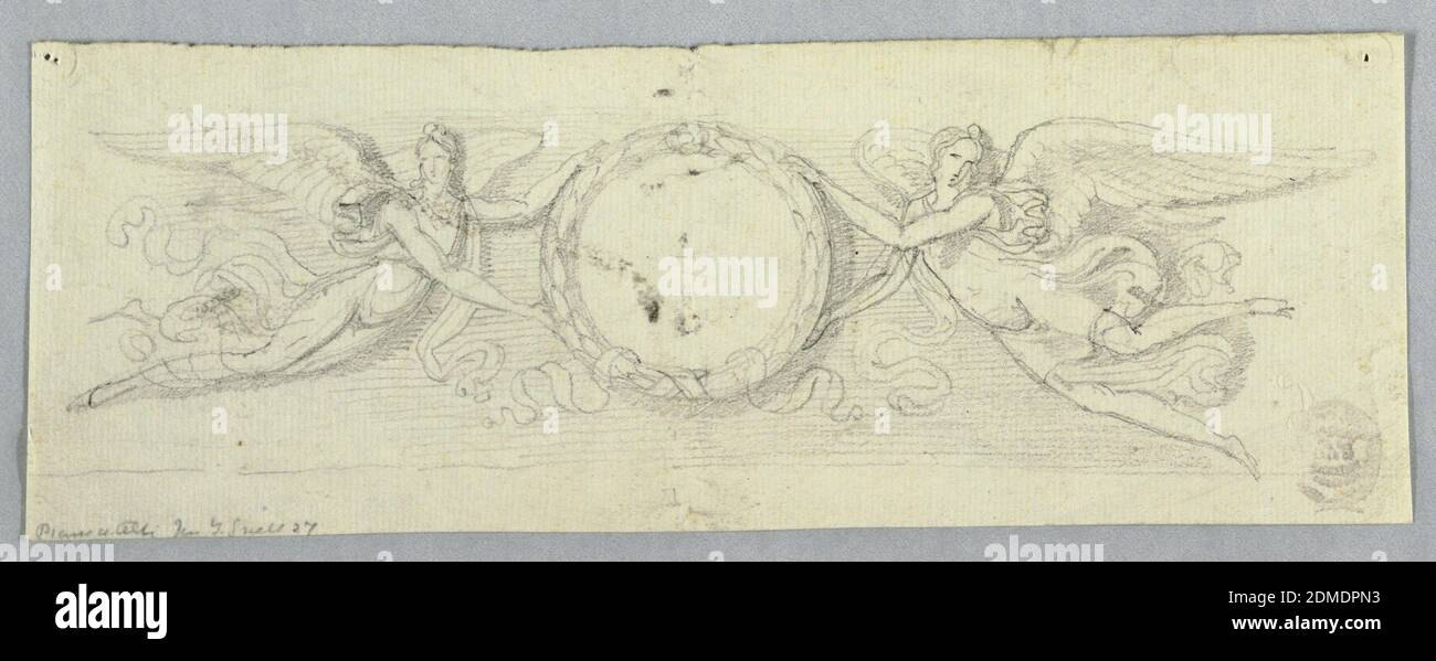 Two Winged Genii with Laurel Wreath, Black crayon on paper, Horizontal rectangle with two winged genii holding a laurel wreath which has a ribbon at its bottom. Hatched background. Framing line at bottom. Obverse: slight sketch, of two spirals of a rinceau, and an account written in pencil., Italy, ca. 1825, ornament, Drawing Stock Photo