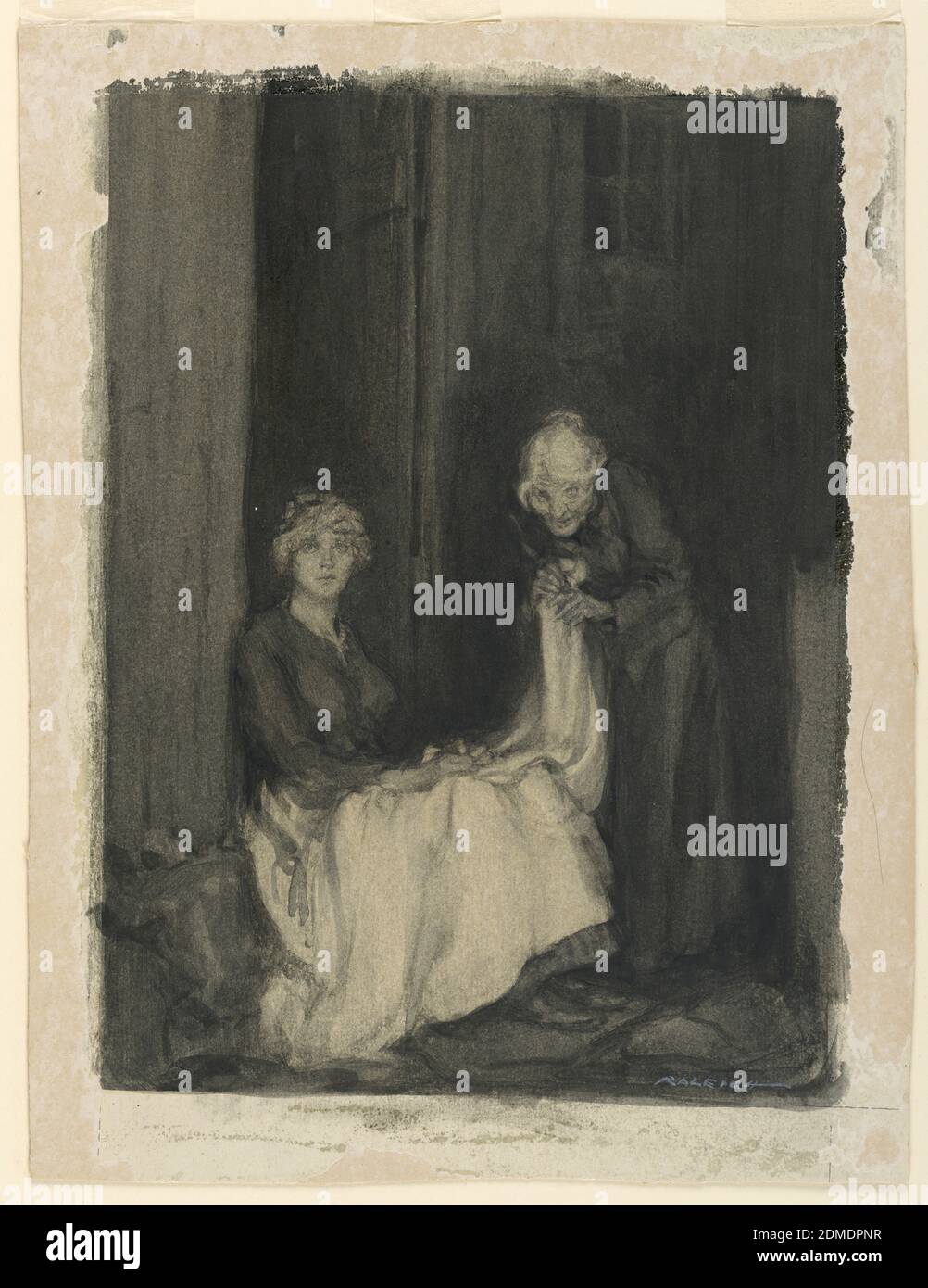 White My Flax, Red My Ring, Gold the Heart of My Betrothed, Henry Patrick Raleigh, American, 1880–1944, Charcoal, brush and grey, black and white watercolor on illustration board, A young woman seated in a doorway is shown with a sheet in her lap. Beside her an old woman stands and clutches at the hem of the sheet., USA, 1914, figures, Drawing Stock Photo