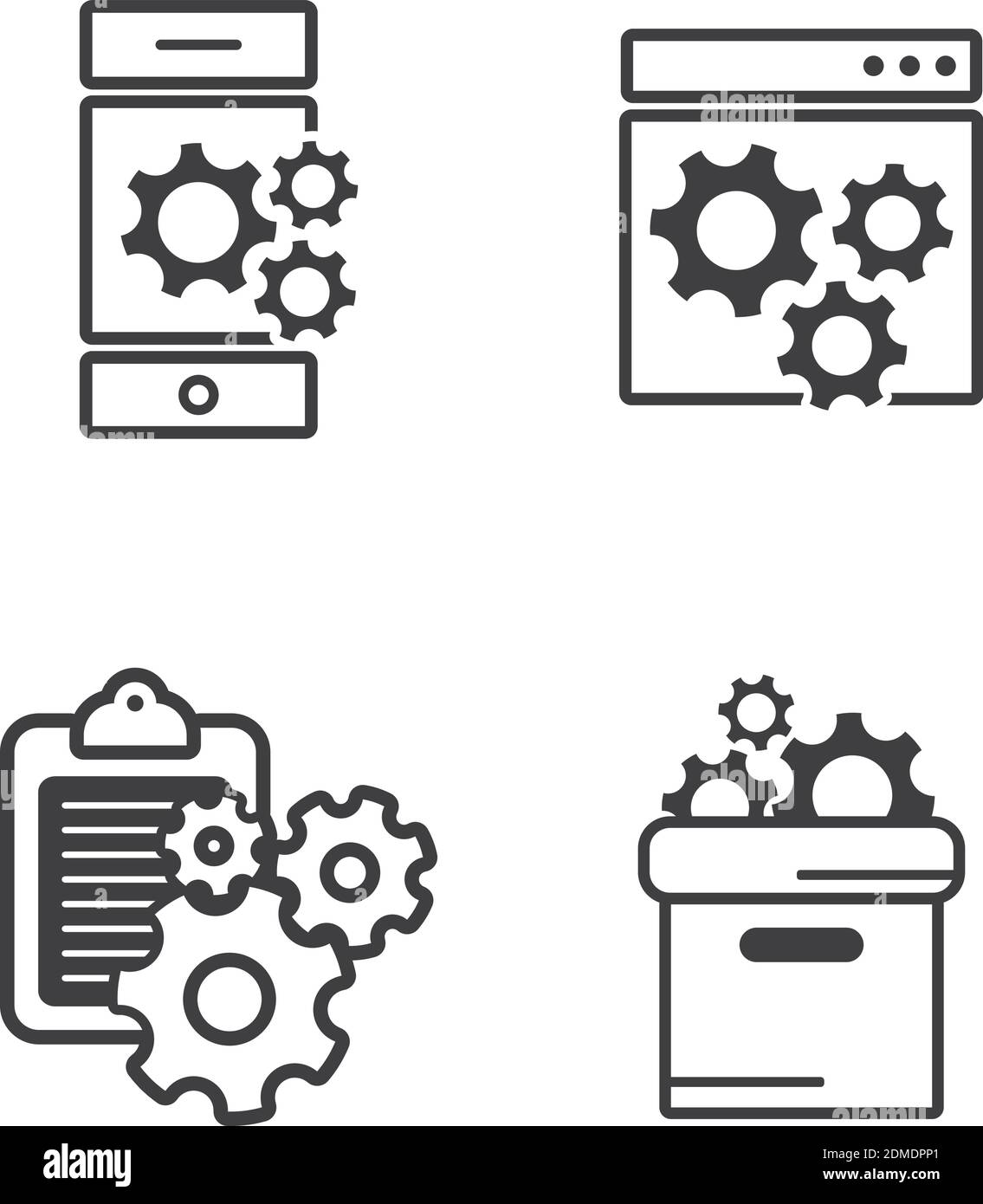 Set computer app setting with gears icon vector in line style for web, graphic and mobile design. Computer mechanical icon vector Stock Vector