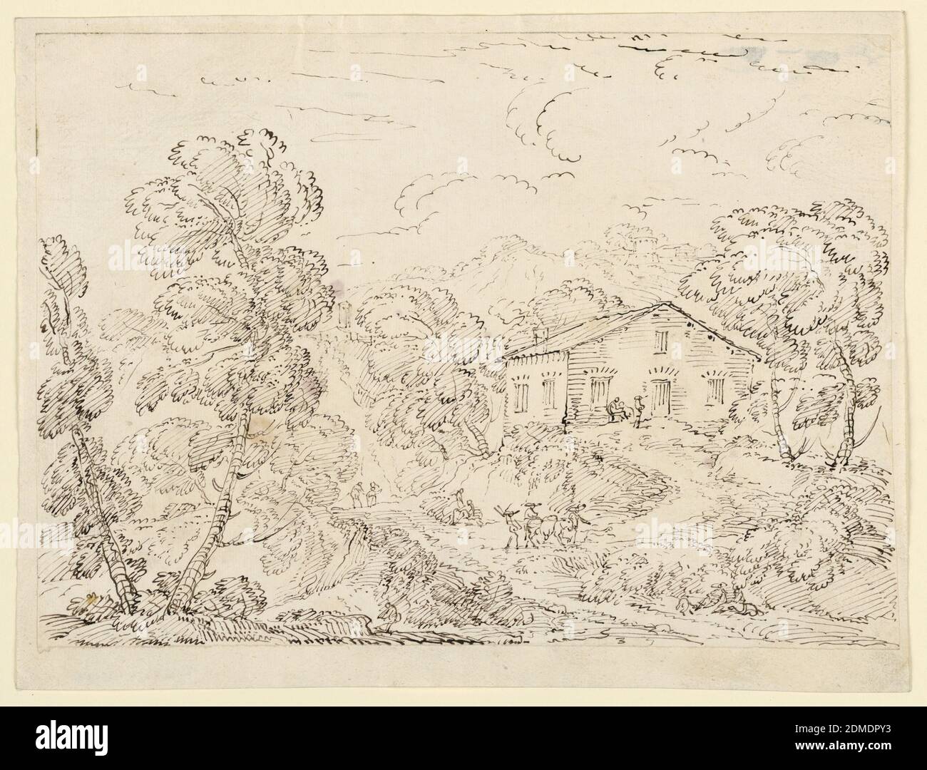 A Trattoria in the Woods, Carlo Marchionni, Italian, 1702–1786, Pen and ink on paper, Figures and animals on a road within a wooded landscape. At right, an inn with mountains in the background., Italy, 1760–1770, landscapes, Drawing Stock Photo