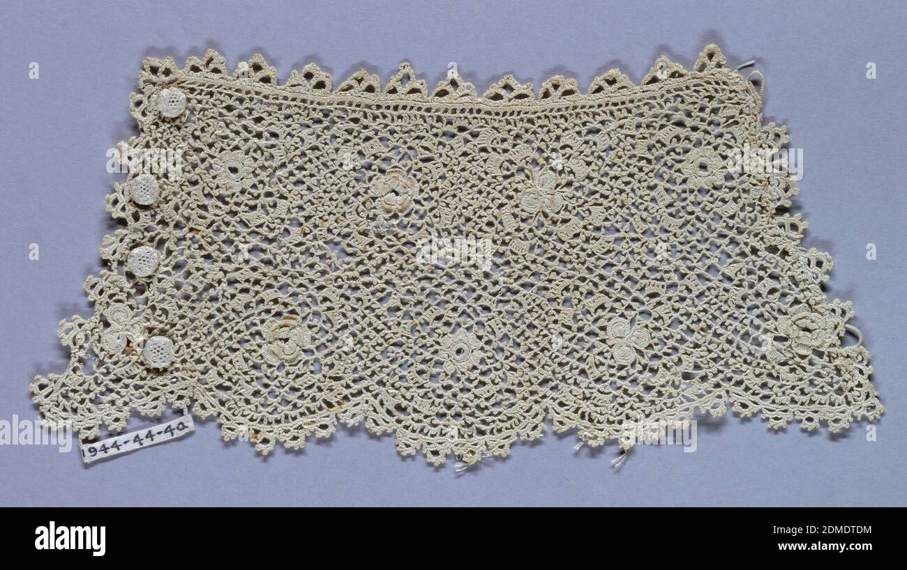 Cuffs, Medium: linen Technique: crochet, Two pair of crocheted lace cuffs in white linen., a,b with roses and shamrocks on a picotee ground, c,d in an overall lozenge design, Ireland, 19th century, knotted, knitted and crocheted textiles, Cuffs Stock Photo