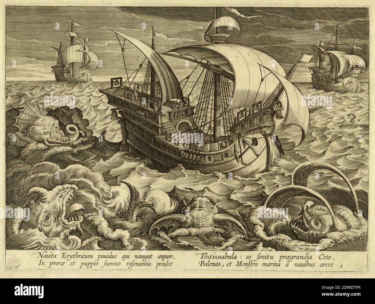 Three ships surrounded by monsters, Jan van der Straet, called Stradanus, Flemish, 1523–1605, Joannes Galle, Flemish, 1600 – 1676, Engraving on paper, Horizontal rectangle. Second state. At center, a ship surrounded by sea monsters; on its decks are men and many bells. In the background are two similar ships. In a choppy sea. Near right bottom corner: 'Joan. Stradanus invent. / Joan. Galle. excud.' Bottom margin: 'Nauita Erythraeum panidus qui navigat aequor / In prorae et puppis summo resonantia pendet / Tintinabula: eo sonitu praegrandia late, Balenas et Monstra marina à navibus arcet.' Stock Photo