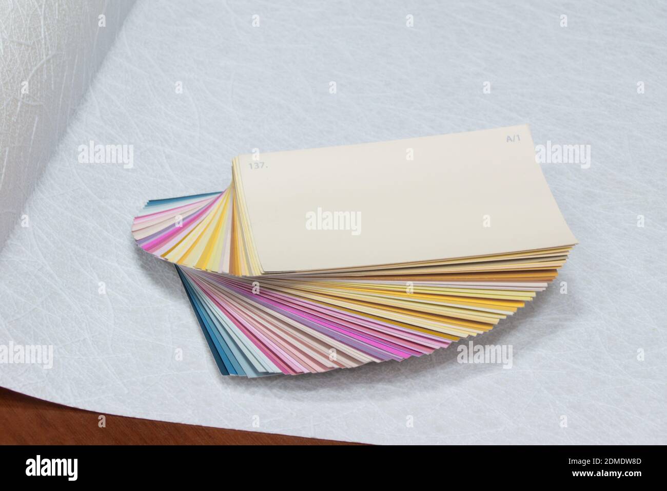 stack of color swatches on wallpaper sheet, selective focus Stock Photo
