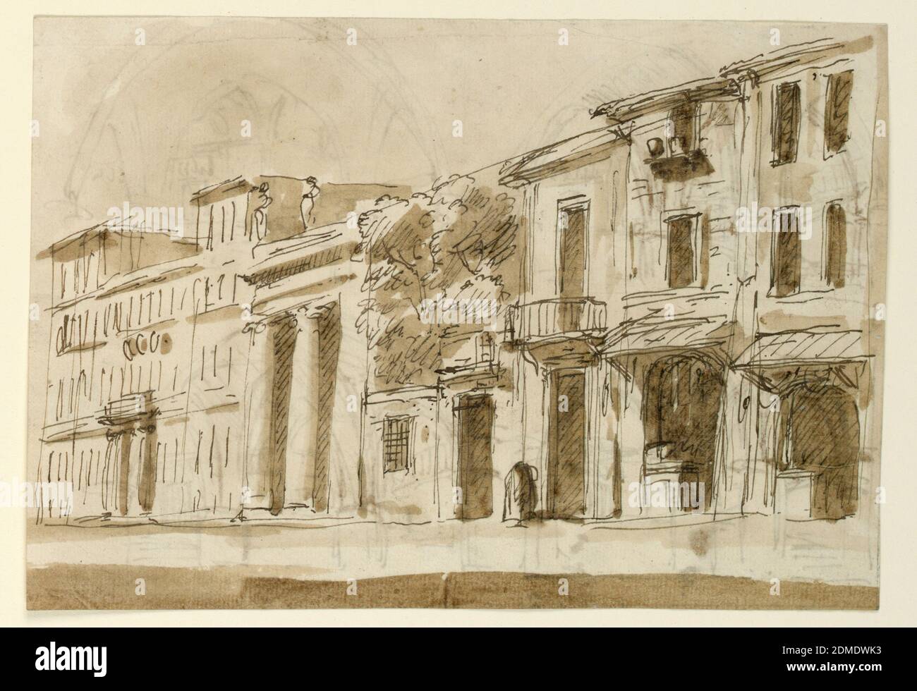Theatre Design: Streetscape, Pen and brown ink, brush and brown wash on off-white laid paper, View of a street. At left, a building with two columns and attic sculptures. At center, a tree grows from a rear courtyard., Italy, late 18th century, architecture, Drawing Stock Photo