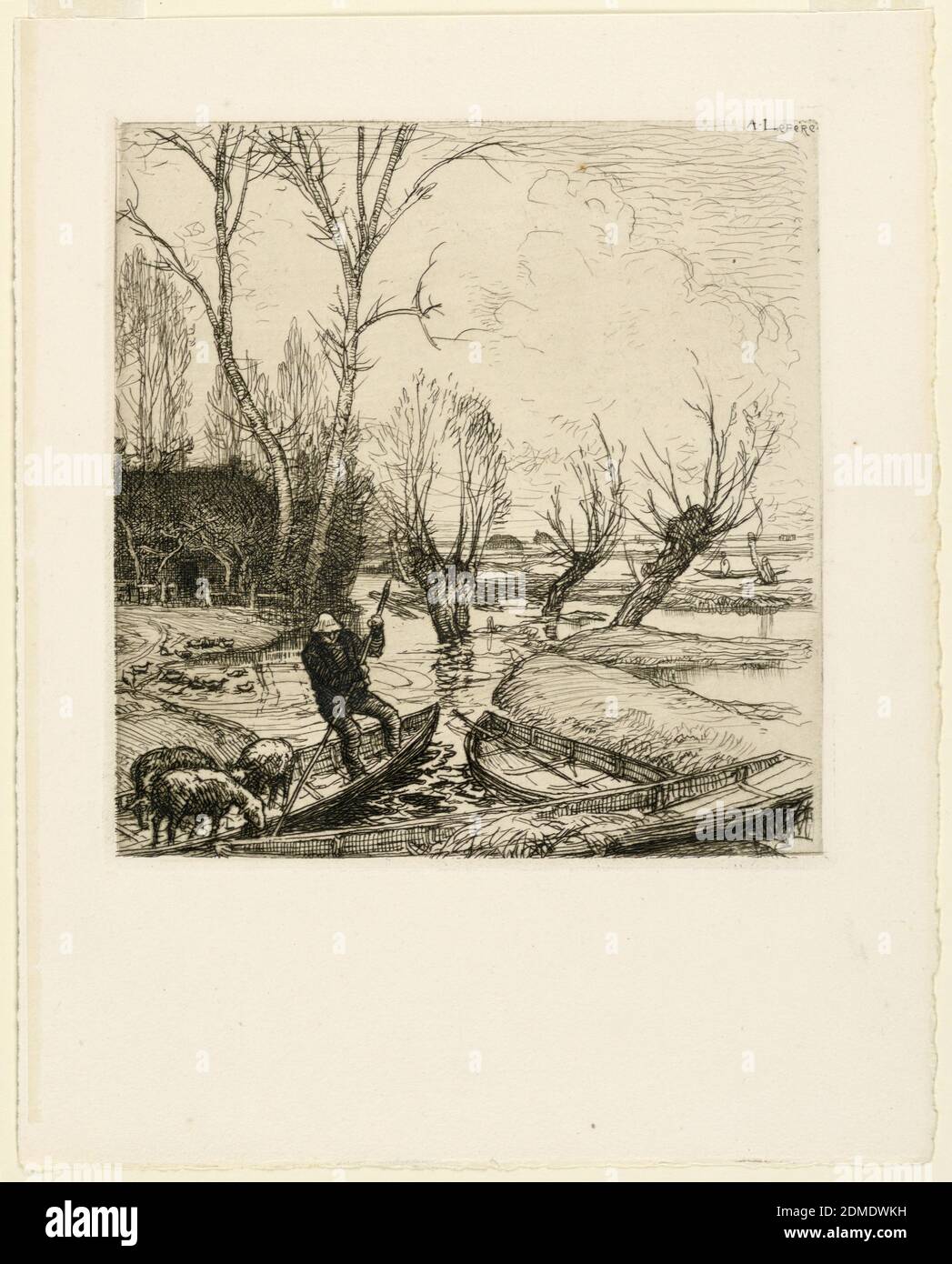 In the Deluged Marsh - The Shepherd (Au marais inonde - Le berger), Auguste Lepère, French, 1849 - 1918, Etching in black ink on cream-colored paper, France, 1911, Print Stock Photo