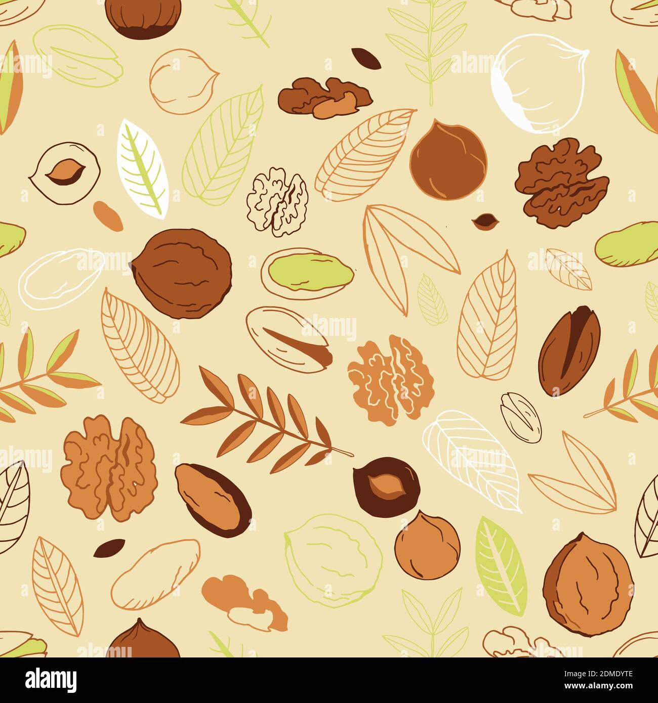 Seamless pattern with walnuts, pistachios with hazelnuts and leaves on a light background. Scrawl. Whole nuts, peeled and unpeeled. Vector Stock Vector