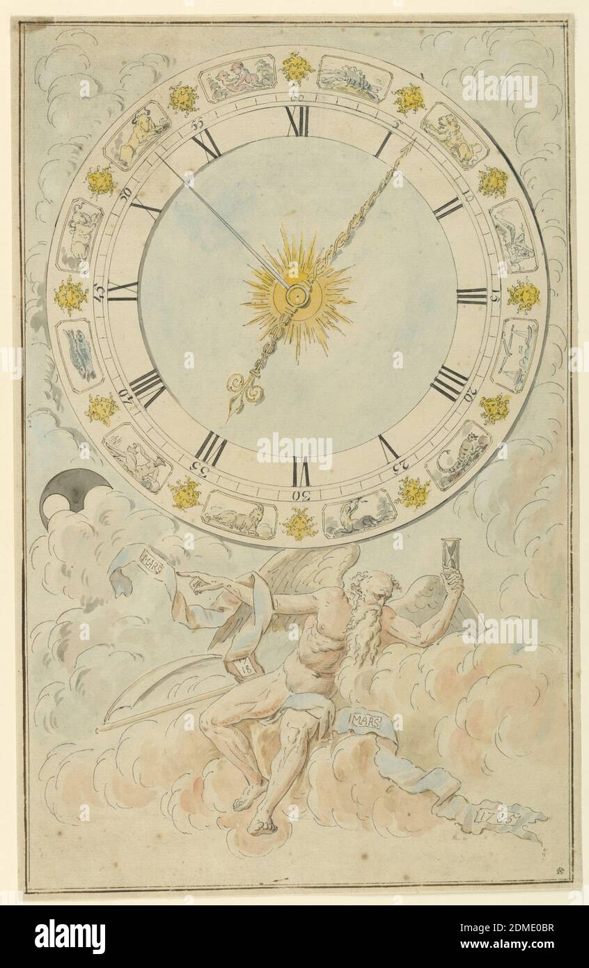 Clock face with the signs of the zodiac, Pen and black ink, brush and watercolor, graphite on paper, The signs of the zodiac are displayed upon its outside band. Chronos is seated underneath raising the hour glass with his left hand and pointing at a ribbon. It contains four angular holes in which the exact date is intended to be visible. Shown here is 'Mardi 19/18 Mars 1785.', France, 1785, Drawing Stock Photo