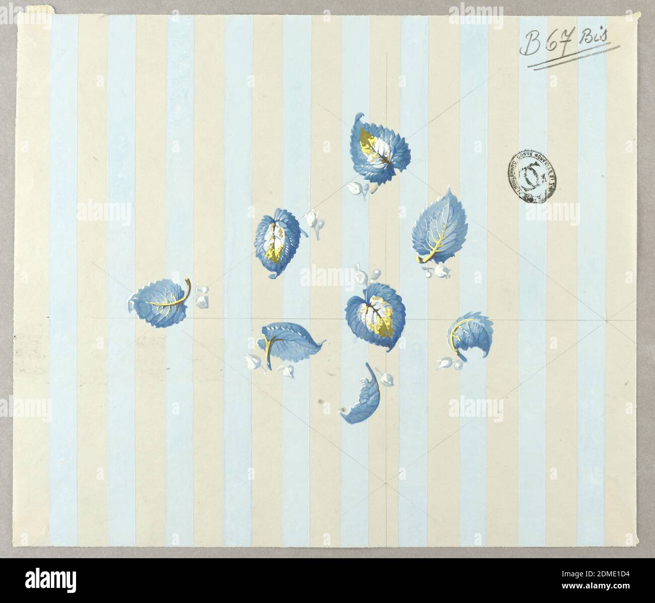 Design for Wallpaper and Textiles: Flowers, Brush and gouache, graphite on cream paper, Guidelines in graphite are visible on the page with the diamond bisected horizontally and vertically. On light blue and white vertically striped ground. Blue leaves in center diamond with yellow stems and centers, all facing different directions. Each leaf has two smaller light blue leaves at its base., France, 19th century, wallpaper designs, Drawing Stock Photo