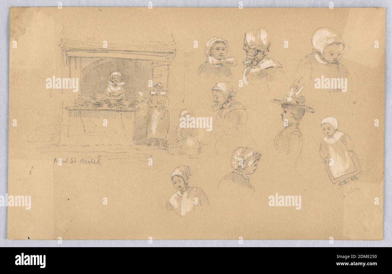 Sketches of Townspeople in Mont St. Michel and Vitré, Francis Augustus Lathrop, American, 1849 - 1909, Graphite and white heightening on light brown paper, Sketches of townspeople in northwestern France in Normandy and Brittany. At left, a cook's stall. At right, busts of women and a child., Le Mont-Saint-Michel, Normandy, France, Vitré, Brittany, France, January 20, 1892, figures, Drawing Stock Photo
