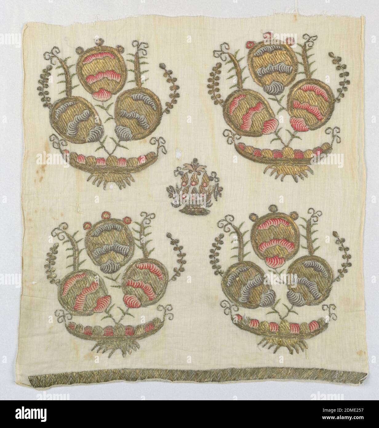 Sash ends, Medium: silk and metal-wrapped silk on cotton Technique: double running and satin stitches on plain weave, Two ends of an embroidered cover or sash, each with four units arranged in a square repeat (two units high, two units wide) of a flowering plant on a mound. In the center is a small basket of flowers. All in shades of red, blue, green and metallic gold., Turkey, late 19th century, embroidery & stitching, Sash ends Stock Photo