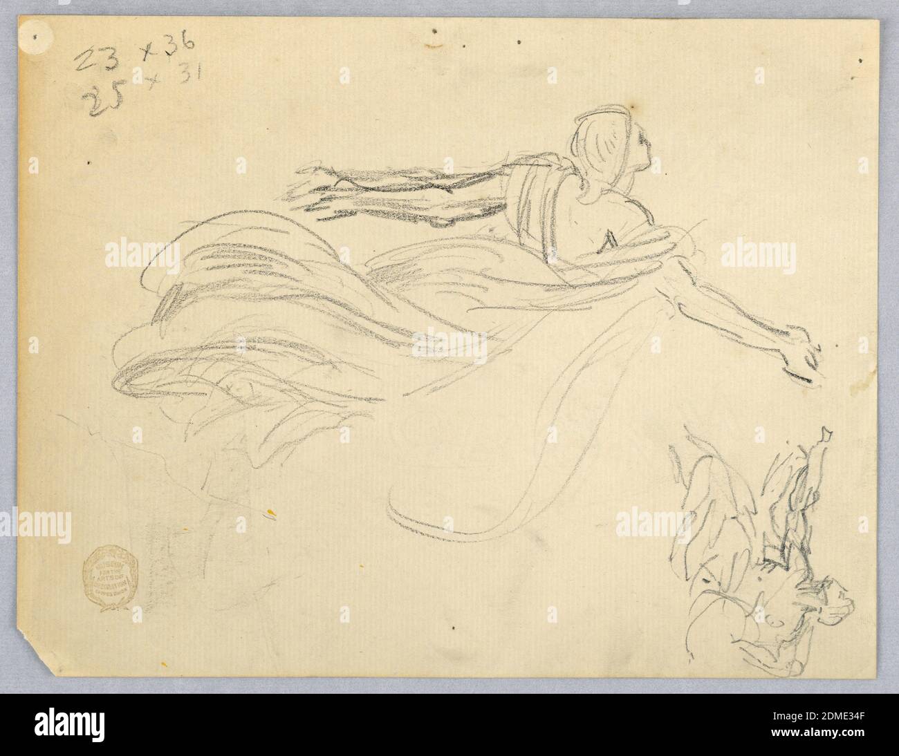 Sketch of an Angel, Francis Augustus Lathrop, American, 1849 - 1909, Graphite on laid paper, Lone figure, arms outspread, flying to the right. Lower right, seated figure with right arm out straight., USA, ca. 1895, figures, Drawing Stock Photo