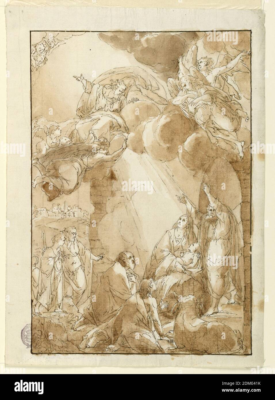 Birth of Christ, Antonio Cavallucci, Italian, 1752 - 1795, Pen and ink, brush and wash, on paper, A dramatic scene of the Birth of Jesus Christ: Mary, holding the Infant in her lap, Joseph, standing by her, two Magi kneeling before the Holy Family, two more Magi, and shepherds at the threshold are stopped in awe by a bright beam of light announcing the arrival of God the Father, seated in clouds and preceded by angels, to bless his Son. Christ's family is in a rustic shelter not far from Bethlehem, the city upon a hill in the background., Italy, 18th century, figures, Drawing Stock Photo