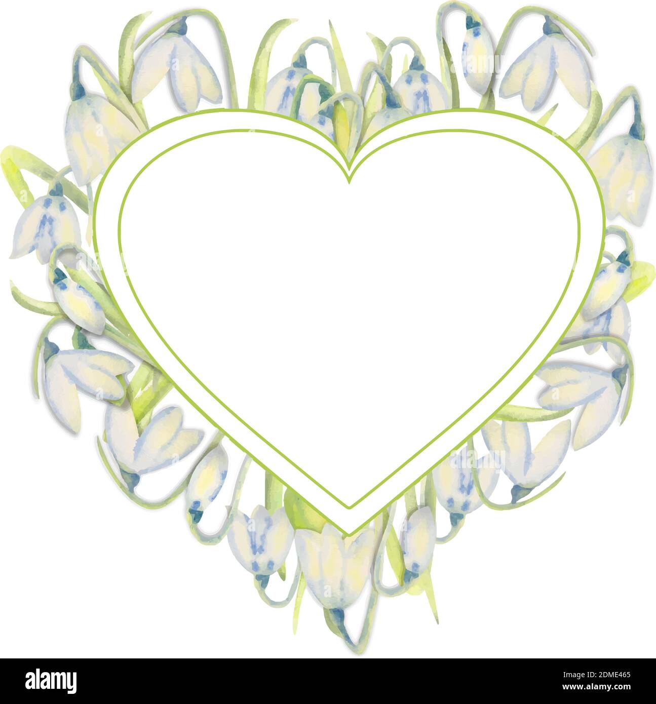 Romantic spring frame with snowdrops on the outer edge on a white isolated background. Watercolor painting. Stock Vector