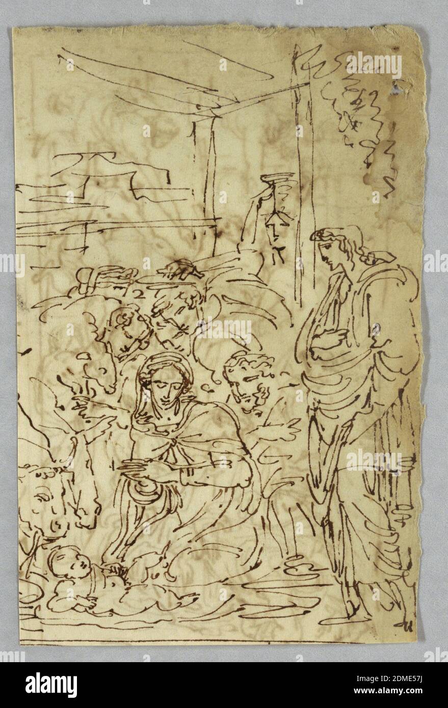 Adoration of the Shepherds; Arcangle St. Michael after Raphael; St. Margarite after Raphael; Aloof de Wignancourt by Caravaggio; Putti; Study of the Flood; Verso: Disposition after Volterra; St. Ceclia after Raphael; Portion of Marriage of Henry IV to..., Felice Giani, Italian, 1758–1823, Pen and dark brown ink on cream laid paper., Adoration of the Shepherds; Arcangle St. Michael after Raphael; St. Margarite after Raphael; Aloof de Wignancourt by Caravaggio; Putti; Study of the Flood; Verso: Disposition after Volterra; St. Ceclia after Raphael Stock Photo
