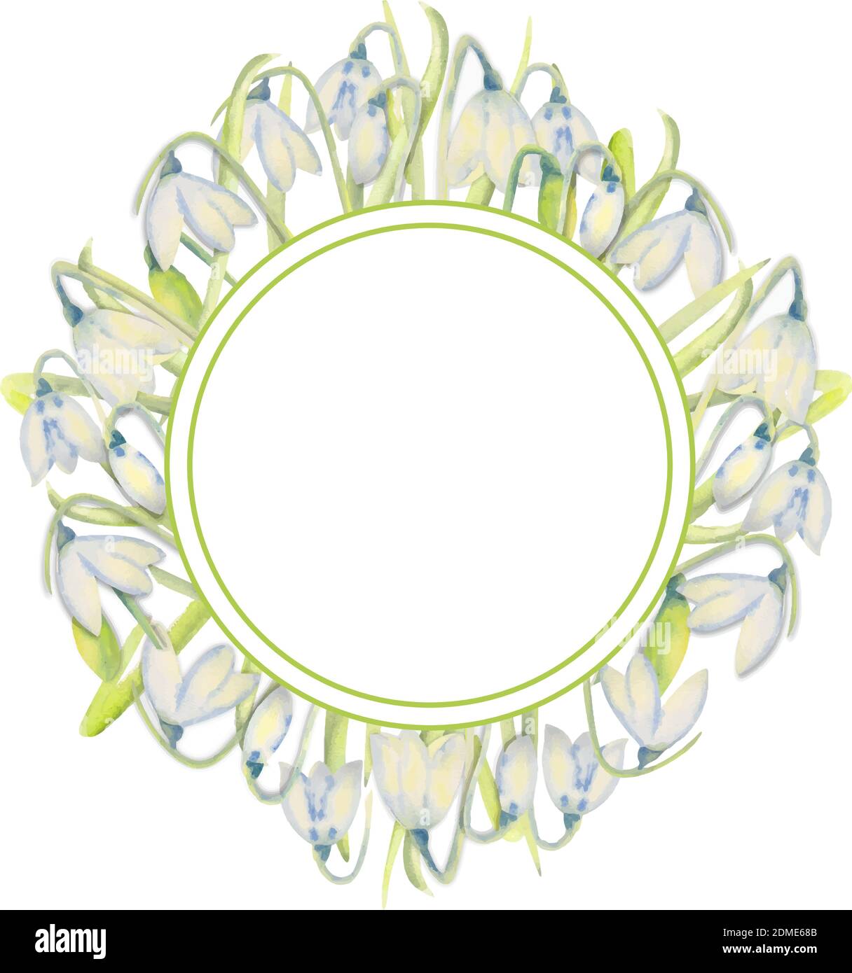 Romantic spring frame with snowdrops on the outer edge on a white isolated background. Watercolor painting. Stock Vector