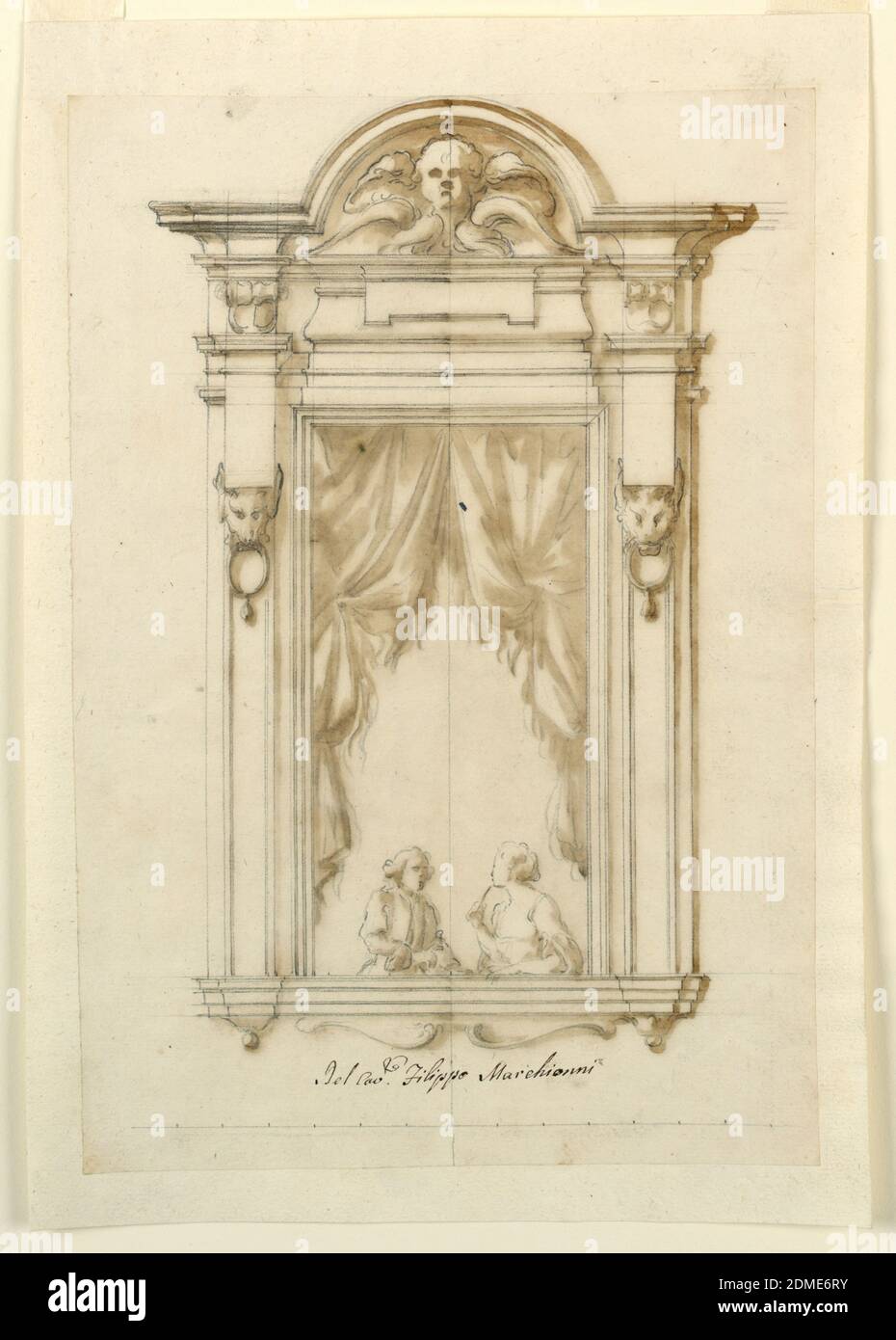 Design for Elevation of a Window Case, Filippo Marchionni, Italian, 1732–1805, Black chalk, brush and brown watercolor on laid paper, Pilasters are projecting laterally consisting of slopes, wolf heads carrying rings with tassels in their mouths and of top parts of regular pilasters. A half semi-circular pediment is on top of the central part of the entablature showing a cherub in the field. Two wings of curtains and half figures of a man and a woman conversing are showing in the window. Scale at the bottom., Italy, ca. 1750, architecture, Drawing Stock Photo