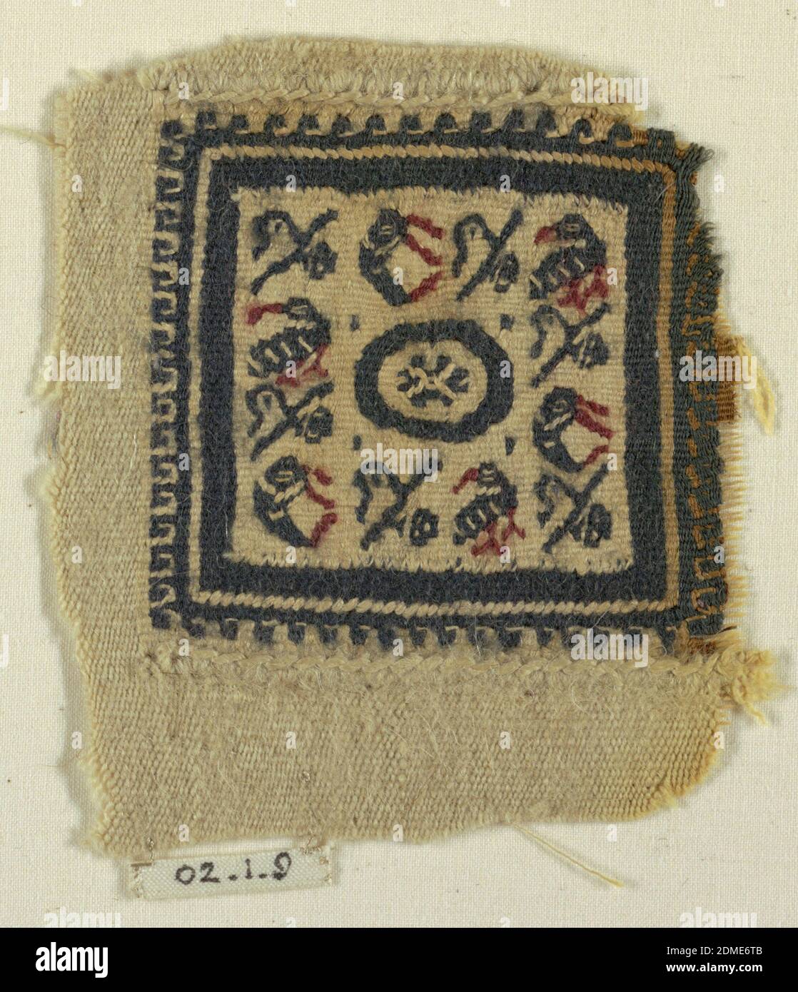Fragment, Medium: linen, wool Technique: slit tapestry with supplementary wrapping., Square with small figures (birds? fish?) around a central blue oval., 9th–11th century, woven textiles, Fragment Stock Photo