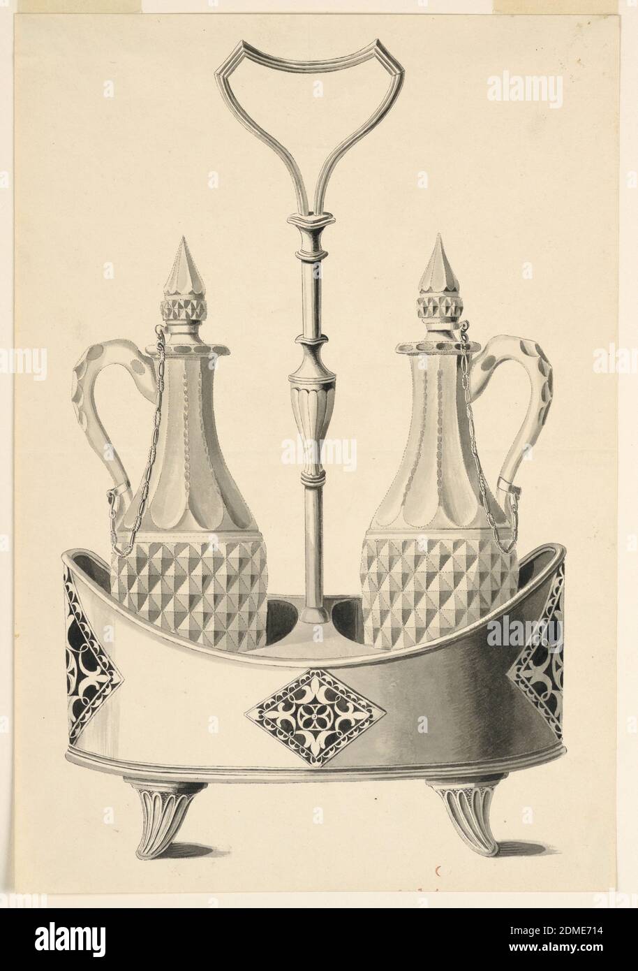 Design for a Cruet Stand, Pen and black ink, brush and wash on paper, Two glass bottles with handles and chained stoppers stand in a tub-shaped stand with fluted feet. The stand is decorated with cut out lozenge ornaments. The handle of the stand in middle with an upside down triangular-shaped handle, and fluted feet. The drawing has been folded., Germany, ca. 1827–35, metalwork, Drawing Stock Photo