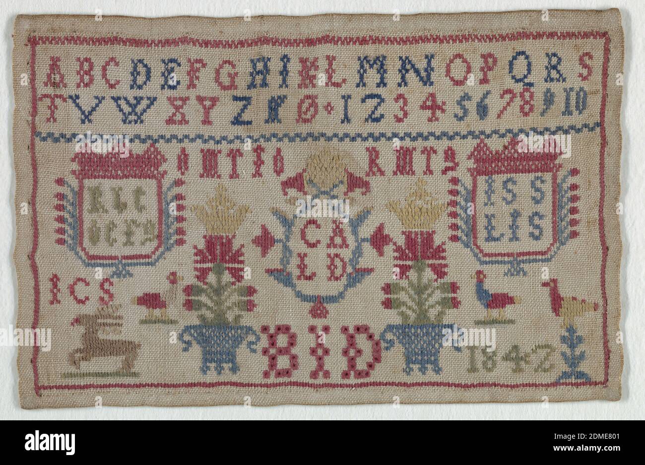 Sampler, Medium: wool on cotton Technique: cross stitch on plain weave foundation. Counted stitches., An alphabet (missing the letter 'J') and a set of numbers at the top and scattered floral and animal motifs at the bottom with initials., Netherlands, 1842, embroidery & stitching, Sampler Stock Photo