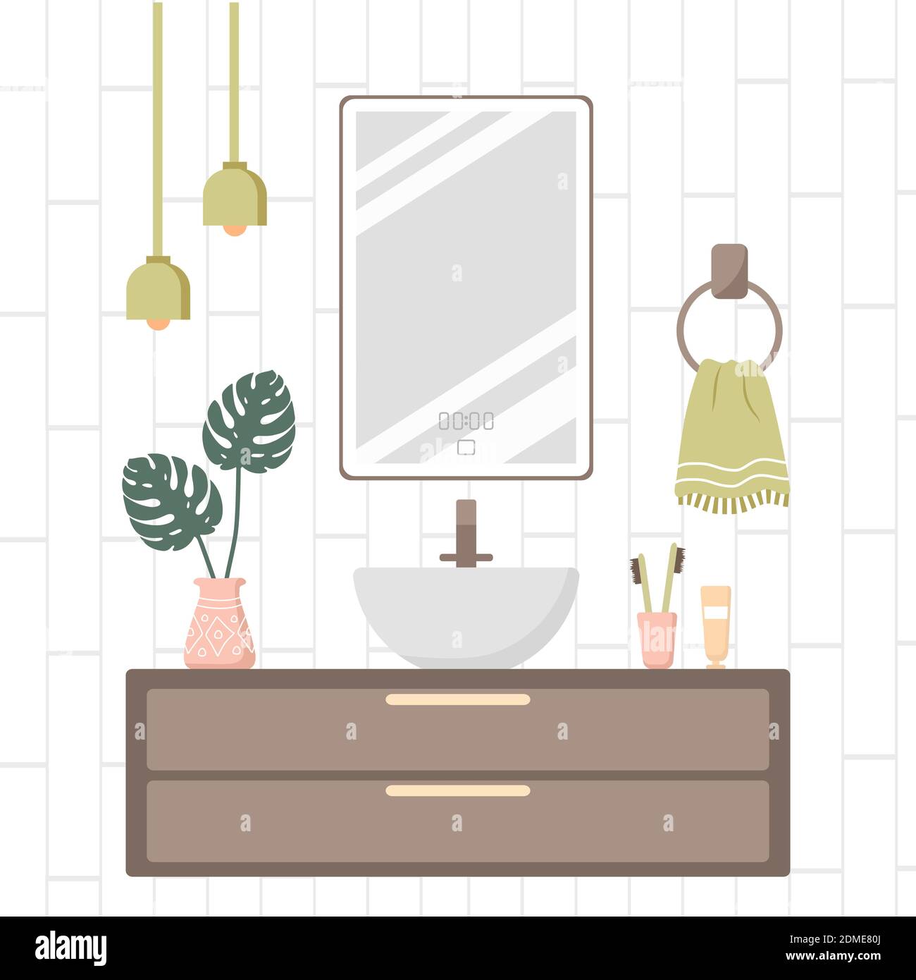 Modern bathroom interior. Cozy white room with mirror and vessel bowl. Stock Vector