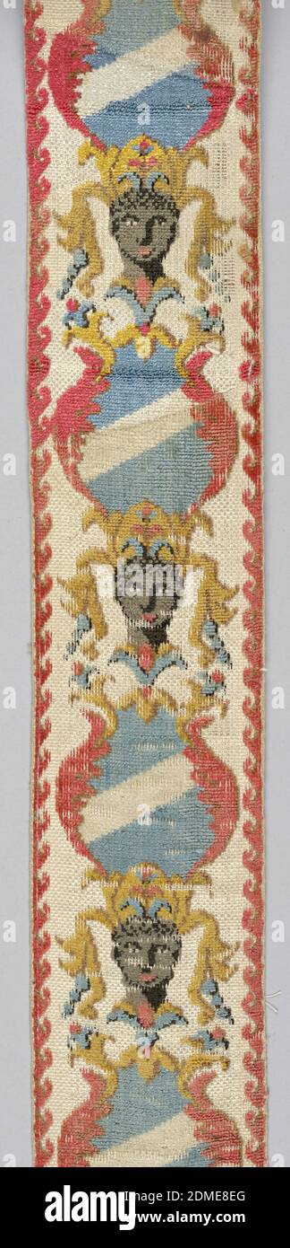 Trimming, Medium: silk Technique: uncut voided supplementary warp pile (velvet) in a twill foundation, Design of armorial shield alternating with head of a dark-complexioned woman wearing ribboned headdress. Colors are pink, white, blue, and black on white ground., Spain, 18th century, trimmings, Trimming Stock Photo