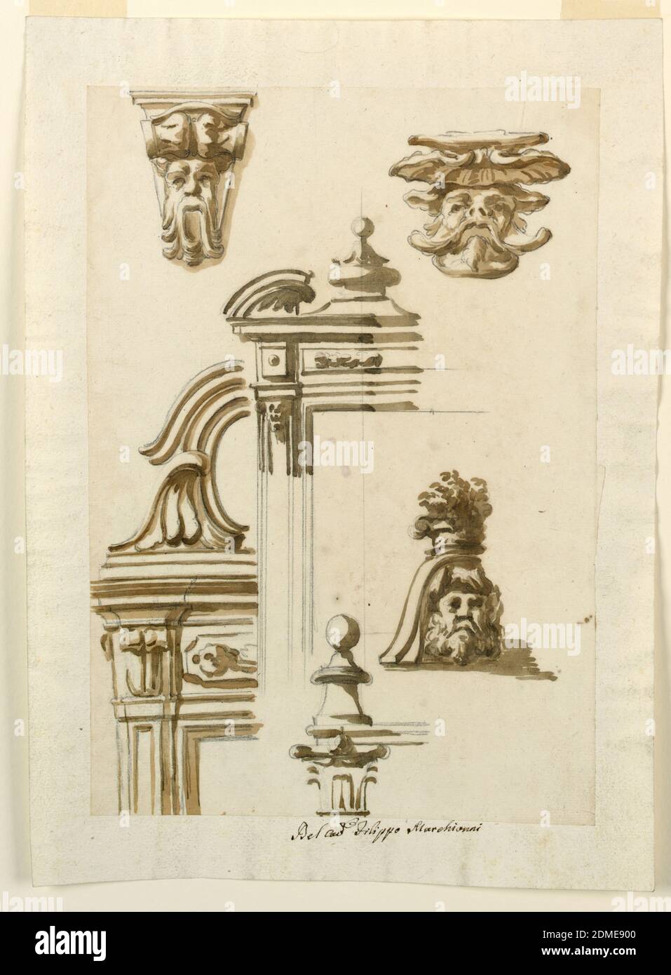 Architectural Studies, Filippo Marchionni, Italian, 1732–1805, Charcoal, brush and sepia, black-brown watercolor on laid paper, Left row: a console with a mask; upper part of door case, laterally framed by a pilaster. A decorated panel is in the frieze above the opening. On top is an oblong framed by scrolls and halves of palmettes. Central row: upper left side of a door or window case, showing a broken pediment with a knob motif in the center. A capital supports cornices and a knob. Right row: two masks, the upper one supporting a shell, the lower one a vase with twigs., Italy, 1750–90 Stock Photo