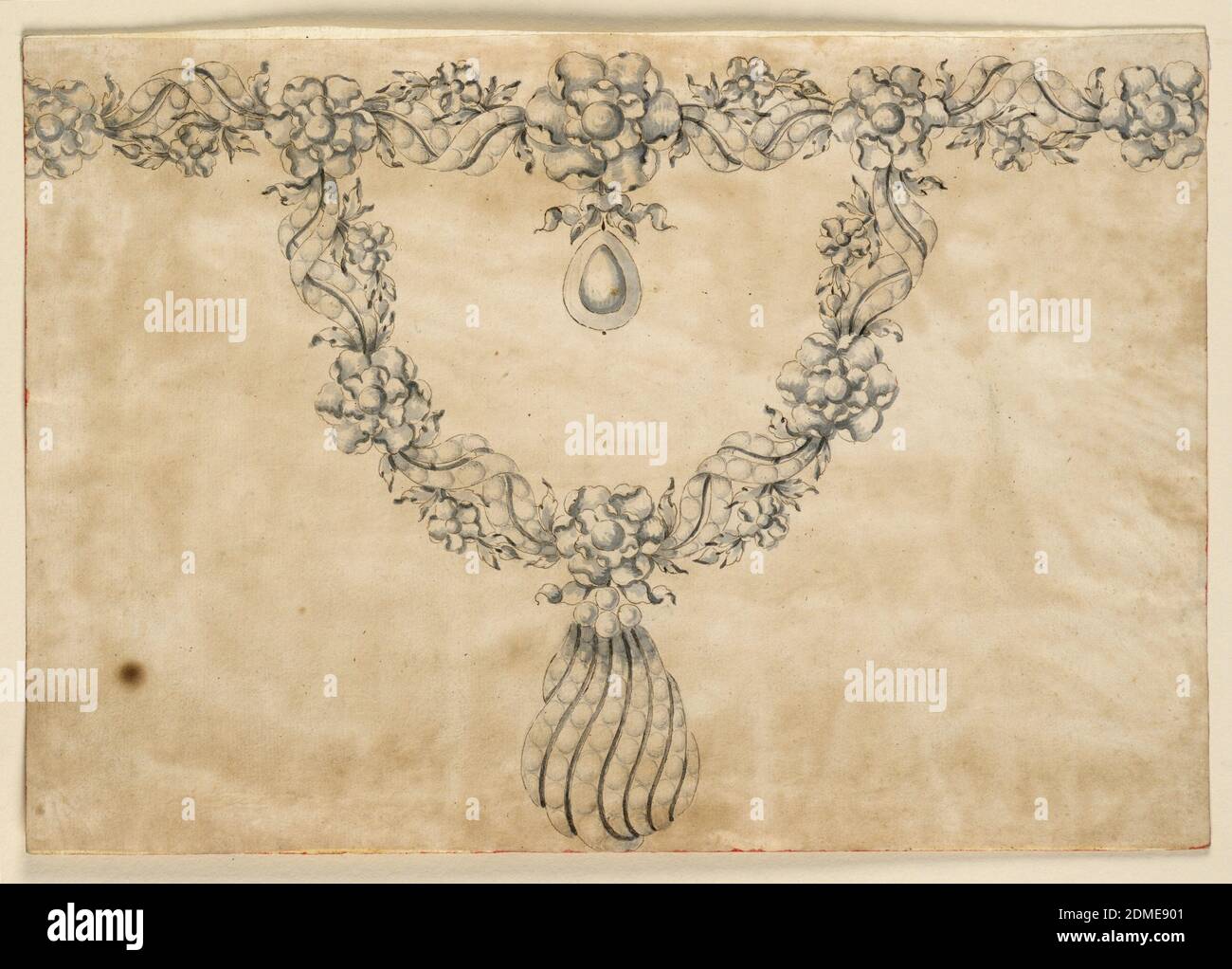 Design for a Necklace, Pen and sepia ink, brush and gray watercolor on paper, Jewelry design for a necklace with a horizontal band at top and an attached curving band below. The bands made of interlaced chain consisting of a scroll of ribbons and a garland with rosettes of leaves at the joining of the two parts; additional rosettes evenly spaced throughout. Hanging from the center of the horizontal band's largest rosette is a knotted ribbon that holds a drop. Hanging from the center of the curving band's central rosette is a teardrop-shaped shell, composed of ribbons with diamonds or pearls Stock Photo