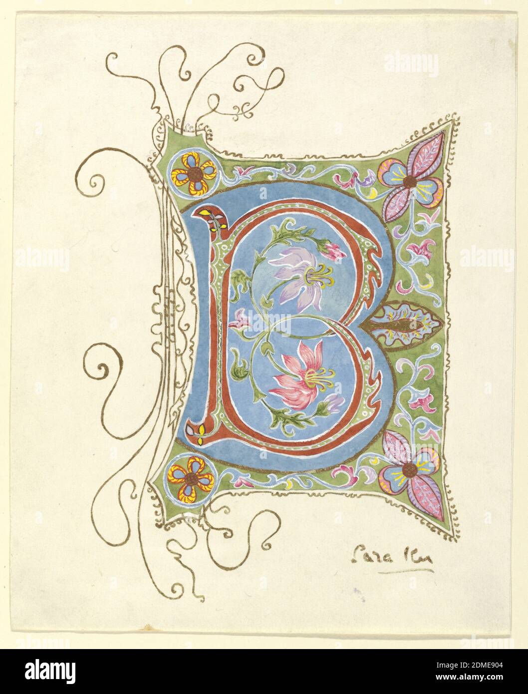 Illuminated Initial, Sara Ker, Water color, gold, on paper, Design for the initial 'B'., USA, ca. 1893, graphic design, Drawing Stock Photo
