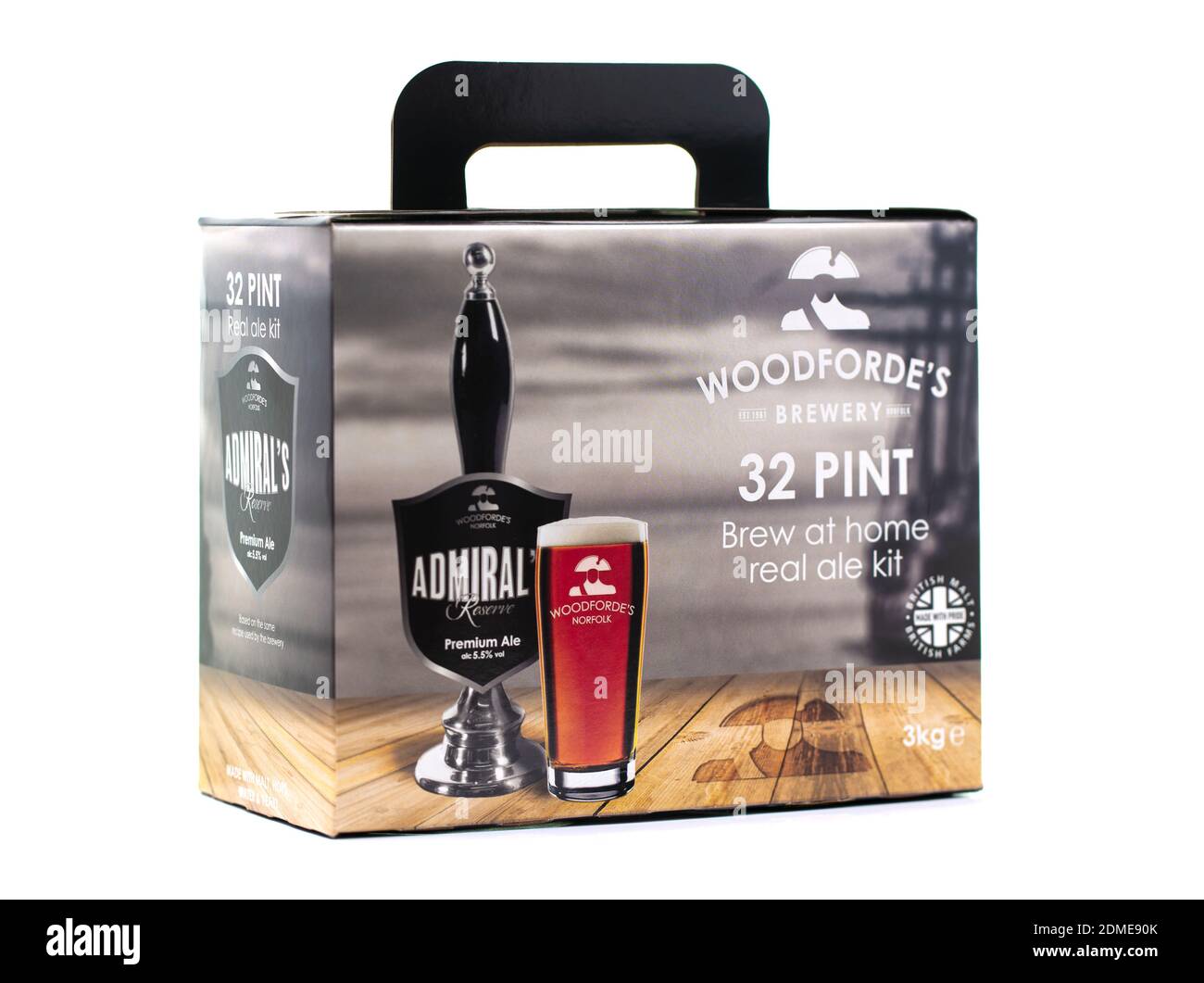 SWINDON, UK - DECEMBER 3, 2020: Woodfordes Admirals Reserve Real Ale Kit to brew at home on a white background. Stock Photo