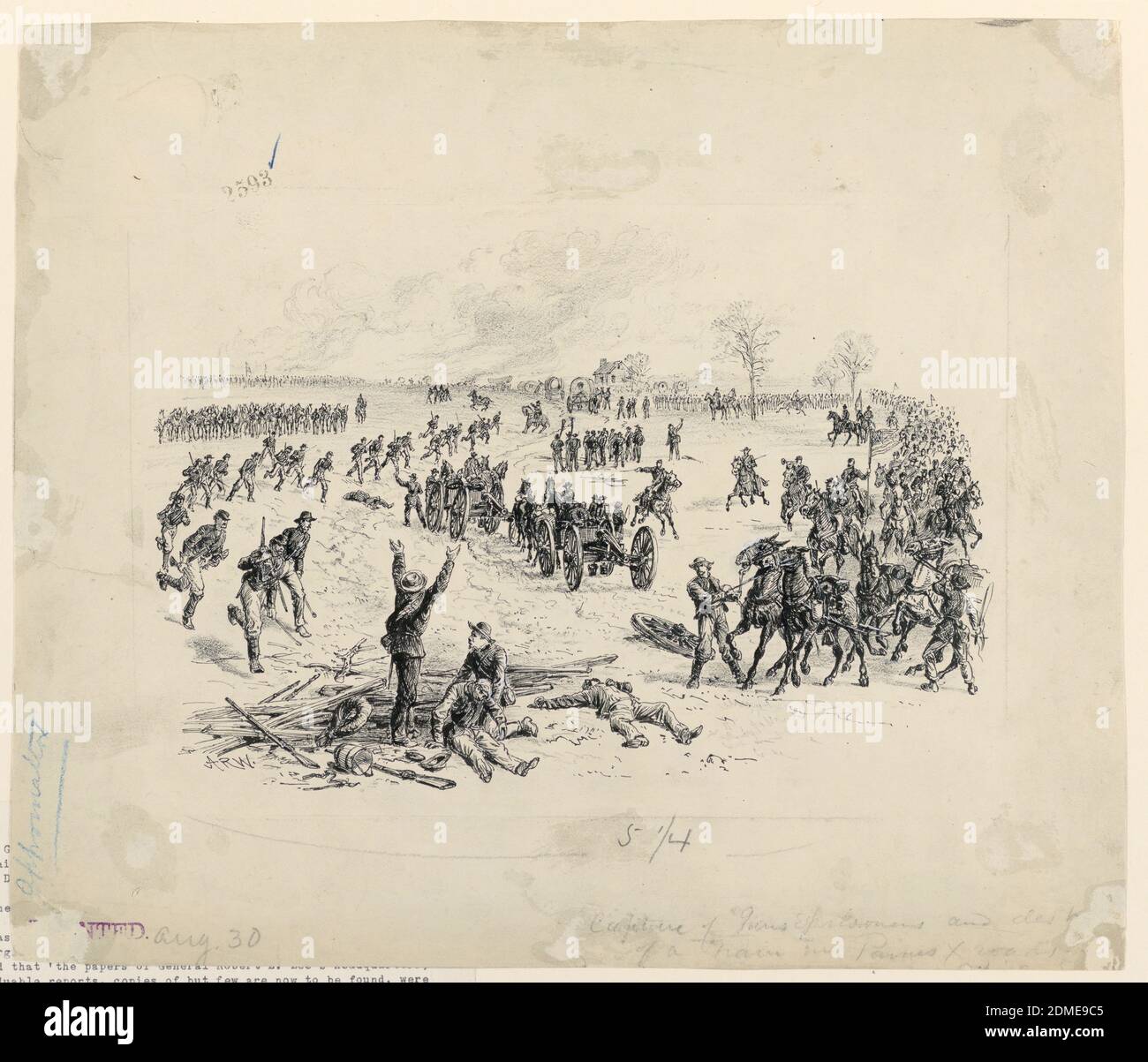 Capture of Guns and Destruction of a Confederate Wagon Train, Alfred R. Waud, American, b. England, 1828–1891, Lithograph, with corrections in white gouache, The capture of guns and prisoners at Appomatox. Soldiers running at left. Two cannons at center. Horses and cavalry at right. Group in foreground, including one wounded man, and one lying prone on ground., USA, 1887, figures, Drawing Stock Photo
