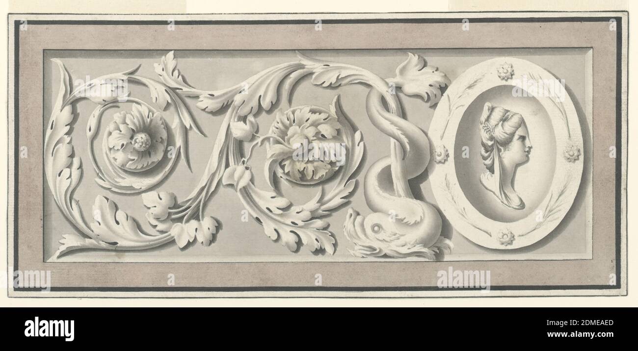 Design for a Decorative Frieze, Carlo Bianconi, Italian, 1732–1802, Brush and grey and brown wash, pen and black ink, graphite on cream paper, Within black framing lines and a brown border is a simulated sculptured frieze composed of a leaf arabesque stemming from what appears to be a dolphin. To the right of the arabesque, an oval medallion shows a female head in profile., Italy, 1800–20, ornament, Drawing Stock Photo
