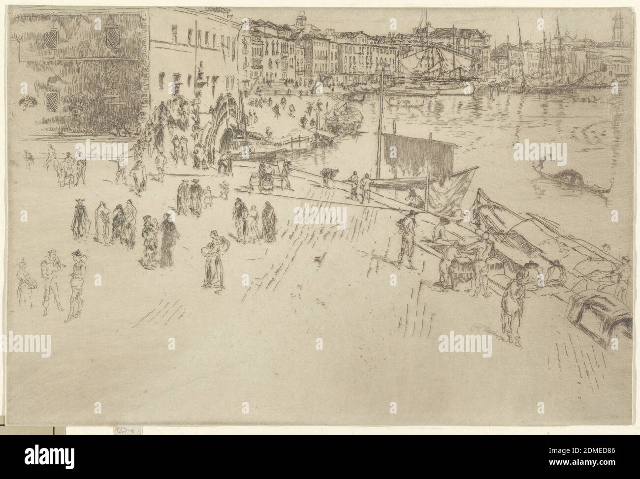 Riva, No.1, James McNeill Whistler, American, 1834–1903, Etching and drypoint on paper, View from a high vantage-point. The canal, lined with houses, in the background; distant view of domes of St. Marks, right., USA, 1879–1880, landscapes, Print Stock Photo