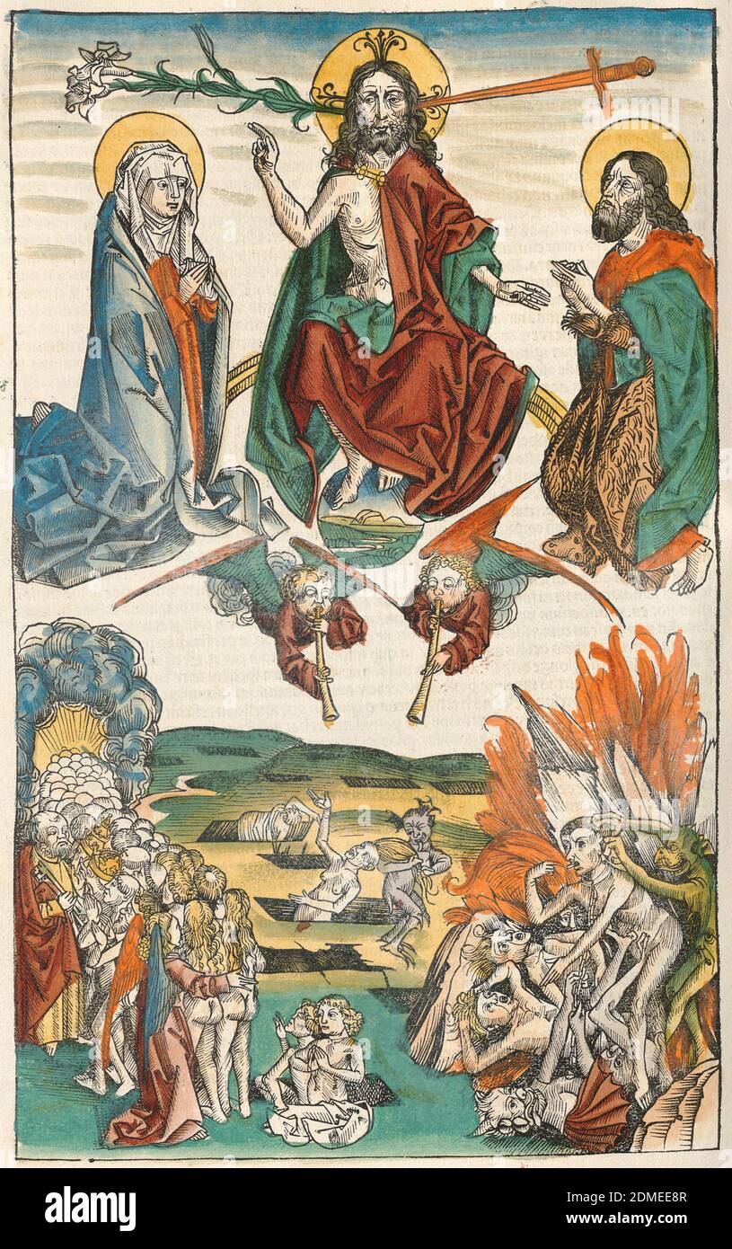 The Trial in the End Times, 15th century coloured woodcut; Liber chronicarum Stock Photo