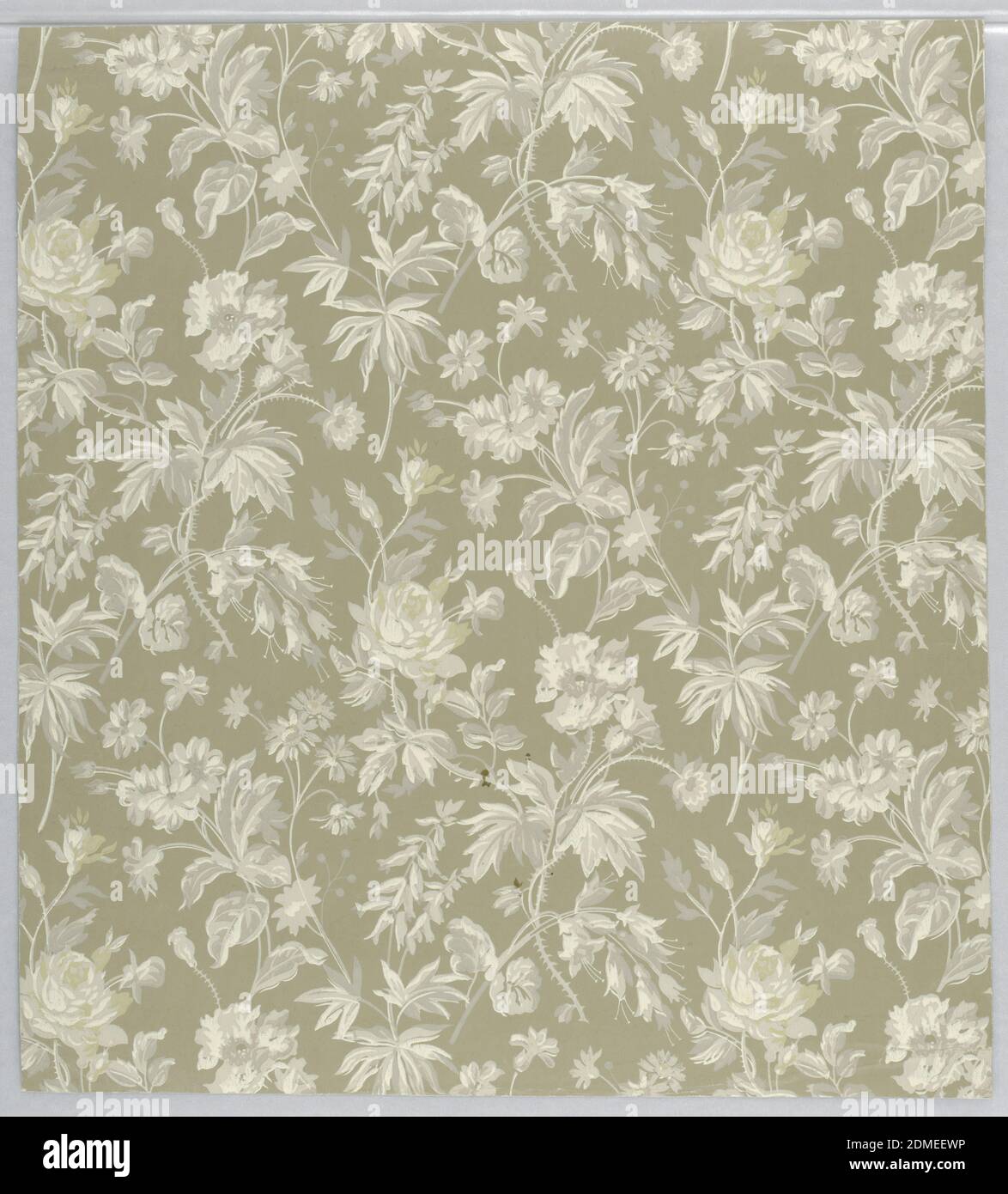 Sidewall, Machine-printed paper, Aesthetic all-over pattern of sprigs of roses and other flowers; three motifs arranged in a diamond-shaped repeat in off-set columns; greyscale coloration with naturalistic block shading; ground is light brown., USA, ca. 1880, Wallcoverings, Sidewall Stock Photo
