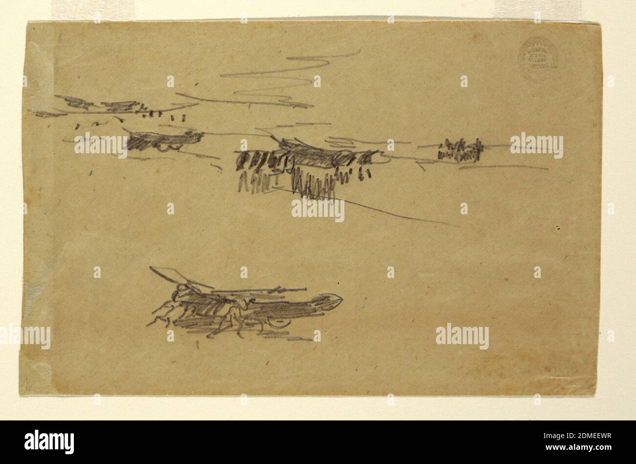 Sketches of Dories on Carriages, Winslow Homer, American, 1836–1910, Graphite on face of a paper envelope, Series of quick horizontal sketches of sailors with boats on carriages., Cullercoats, England, USA, 1881, seascapes, Drawing Stock Photo