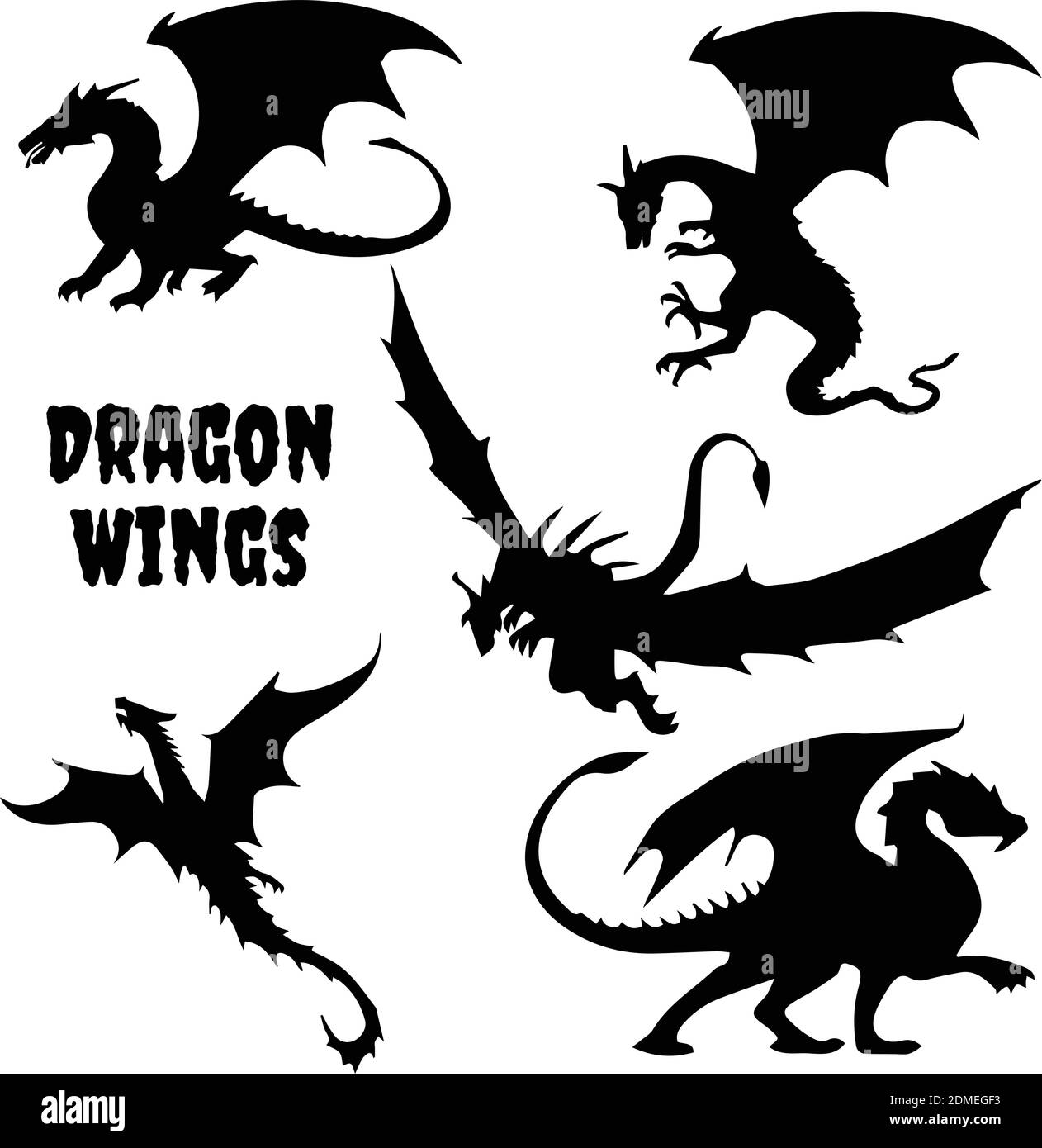 Black stylized vector illustrations of dragons silhouettes logo in the form of a dragon on a white background. Set logo design vector dragons. Vector Stock Vector