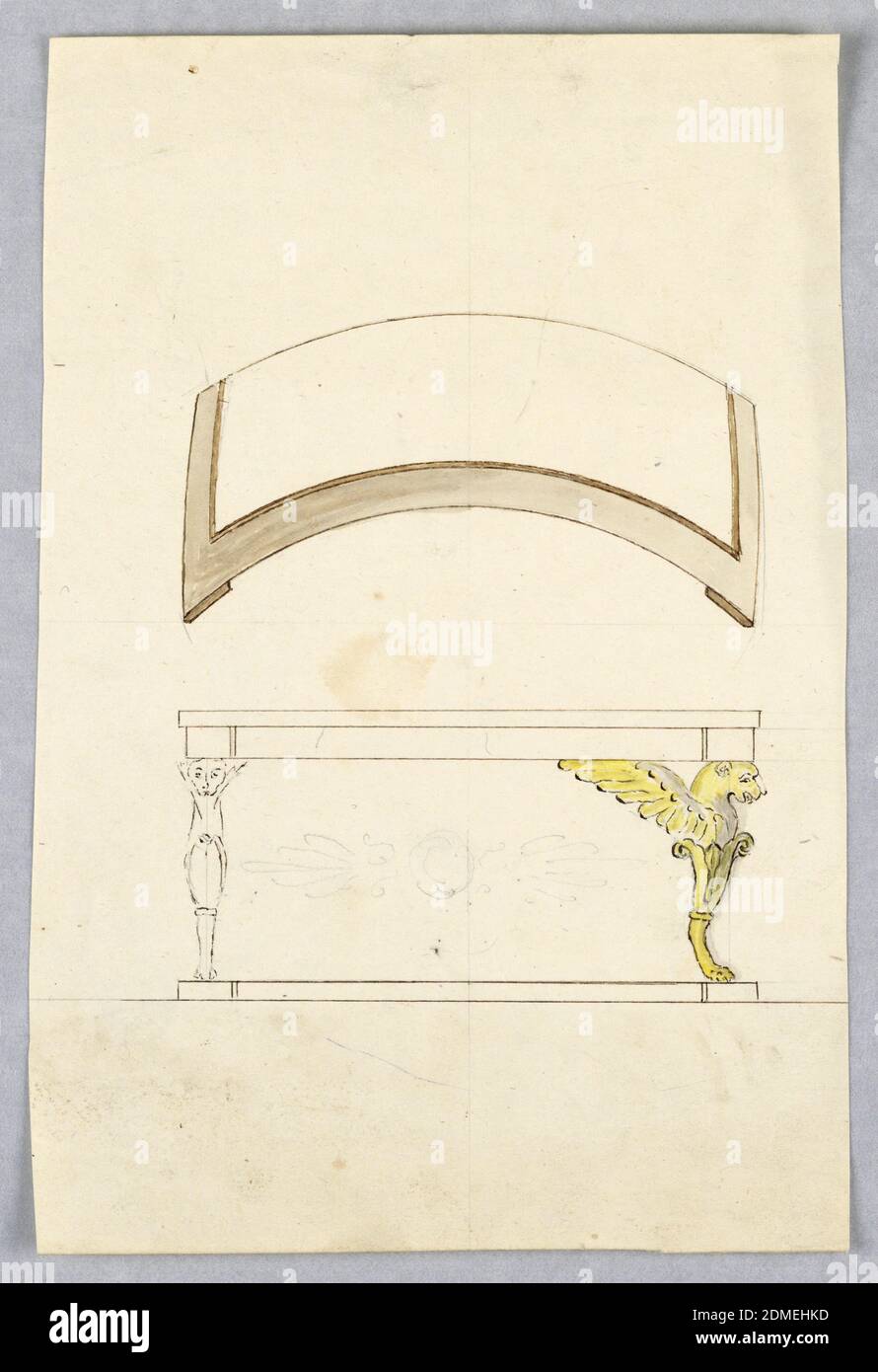 Design for a Console Table with Alternate Suggestions, Pen and brown ink, brush and brown, yellow and gray wash and traces of graphite on off-white wove paper; verso: graphite, Vertical rectangle. Above is the plan of the top, elevation of the table below. The top is convex, as is the main part of the plinth. The legs are chimaeral, shown from the front and standing straight; at left, standing obliquely at right. A slightly sketched palmette motif is suggested as a decoration of the back. Verso: part of a plan in horseshoe form, pencil-inscribed segments., Italy, 1810–30, furniture, Drawing Stock Photo